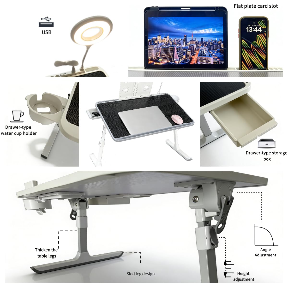 Admireshun Laptop Lap Desk with Storage Compartment, USB Ports, Cup Holder, and Book Shelf. Ideal for Office Work, Drawing, Dining, Gaming, and More.