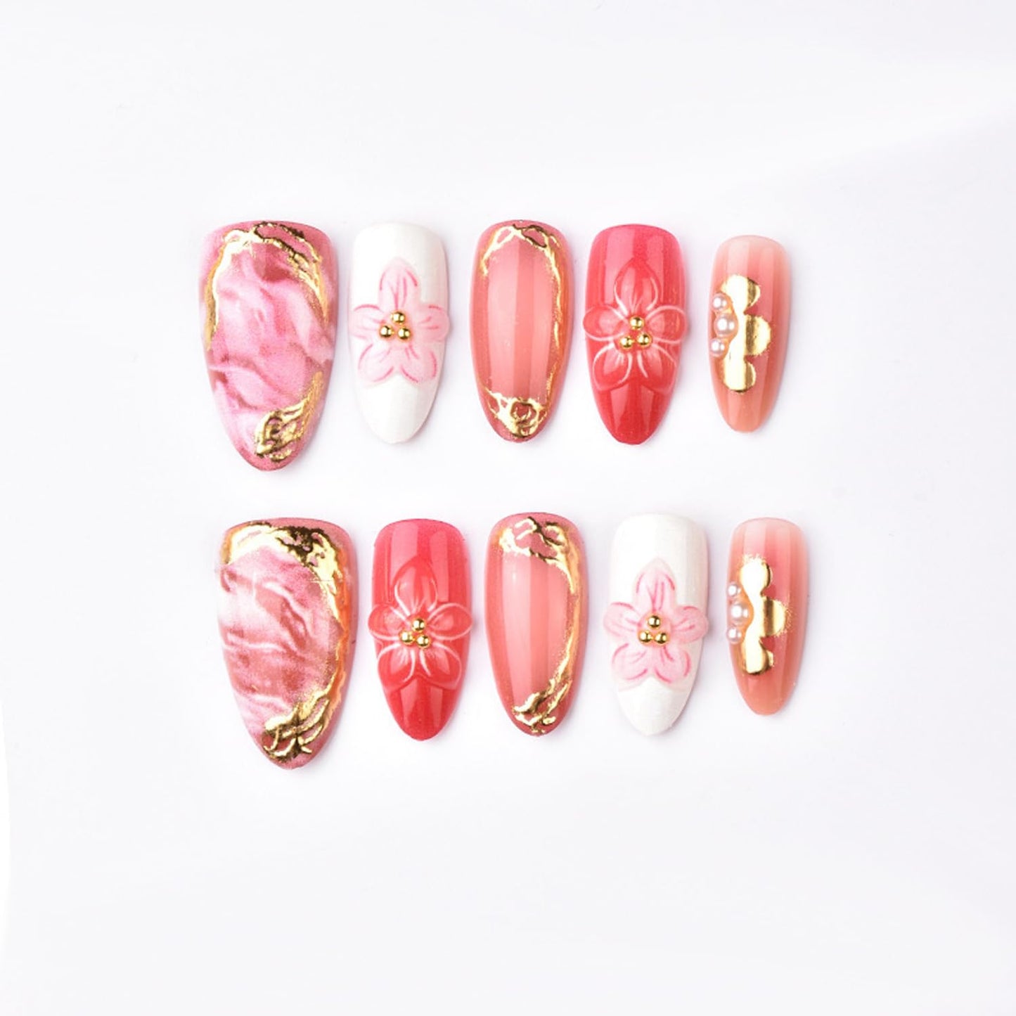 30pcs French Tip Press on Nails Medium Almond Fake Nails with 3D Flower Gold Beads Designs Lrregular Gilded Floral False Nail Cute Acrylic Nails Kit Pink Full Cover Glue on Nail for Women DIY Decor