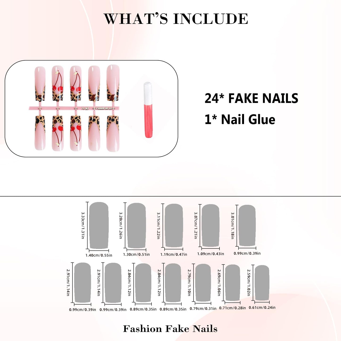 IMRAIN French Press on Nails Long Square Fake Nails Glossy Brown Leopard Print & Cherry Nails Press ons Gel Stick on Nails Full Cover Artificial False Nails for Women