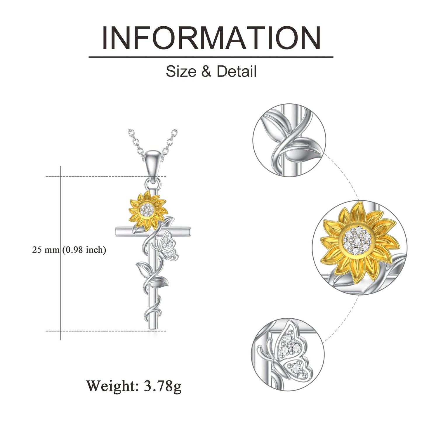 VONALA Cross Necklace 925 Sterling Silver Sunflower Butterfly Jewelry Pendant Sunshine Religious Gift for Women