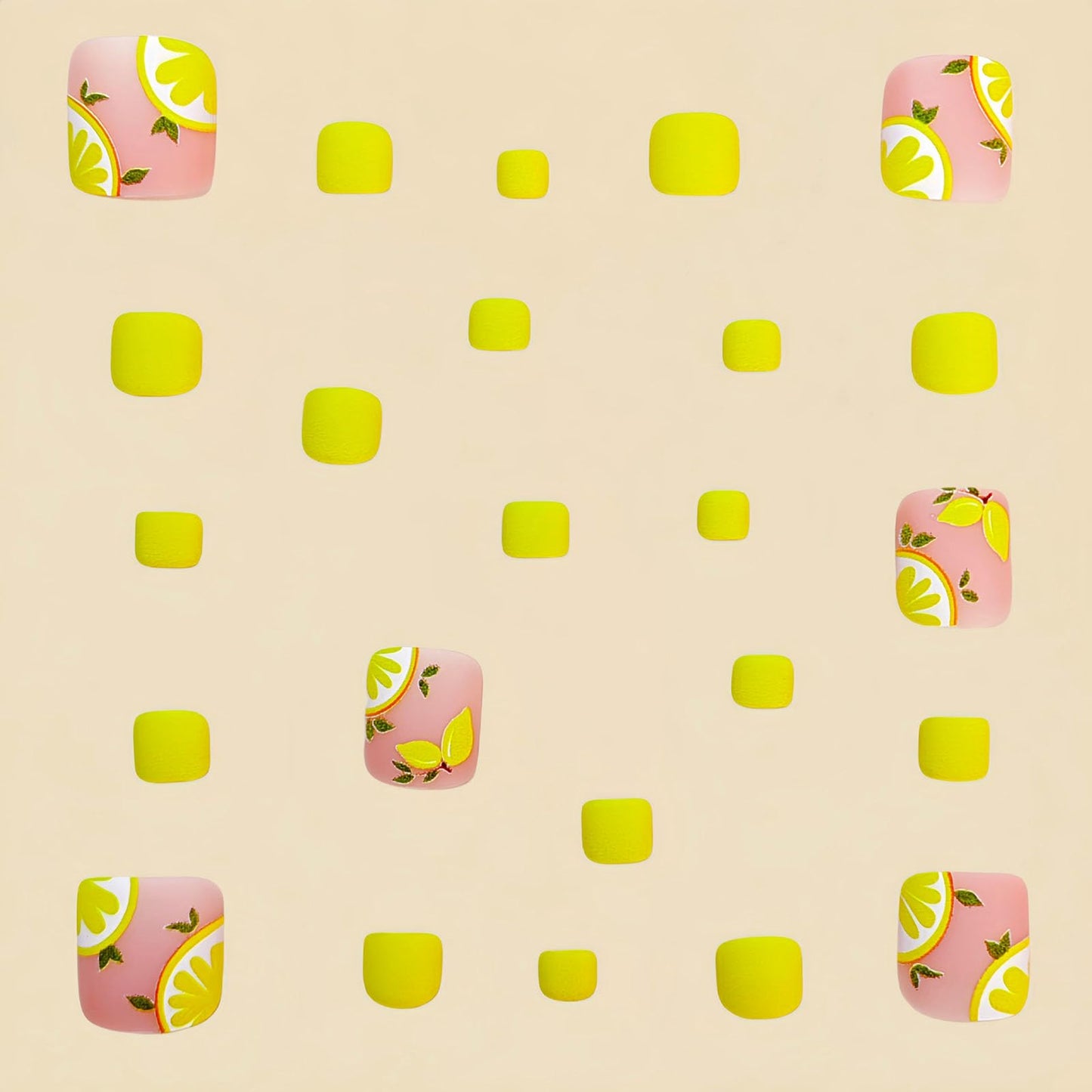 Summer Press on Toenails Pink Fake Toe nails with Yellow Lemon Pattern Design Short Square Toe nails Press ons Acrylic Stick on Toenails for Women 24Pcs