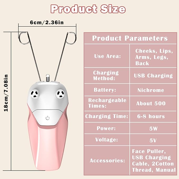 Pink Facial Threading Hair Removal Electric Women's, USB Rechargeable Electric Hair Removal Device, Faces Delicate Device Depilation for Fine Hairs on Face, Chin, Upper Lip, Arms