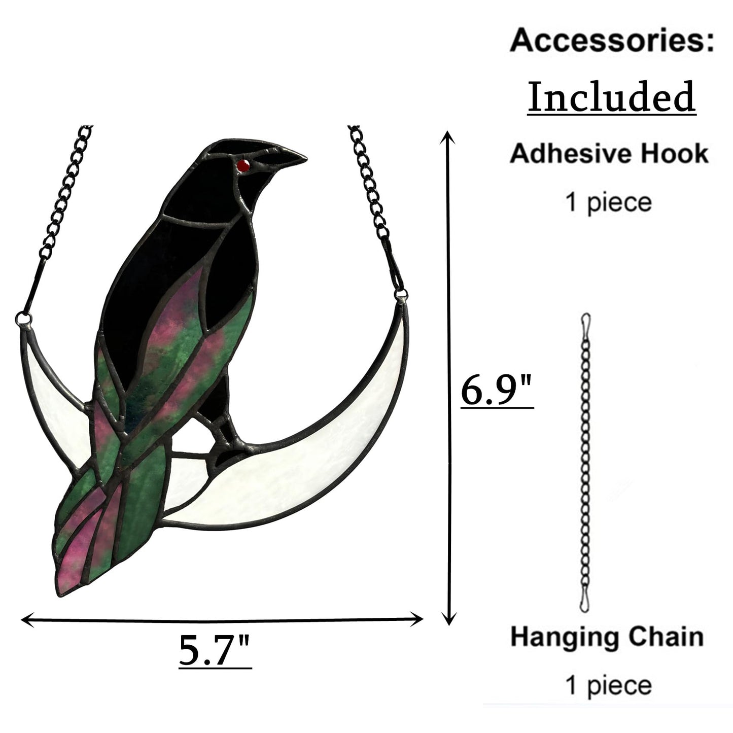 Lcensp Stained Glass Crow on Moon Decor Window Hangings Ornament, Gothic Raven Suncatcher Halloween Decorations, Handmade Crow Birds Gifts Sun Catchers Indoor Window Home Decor.