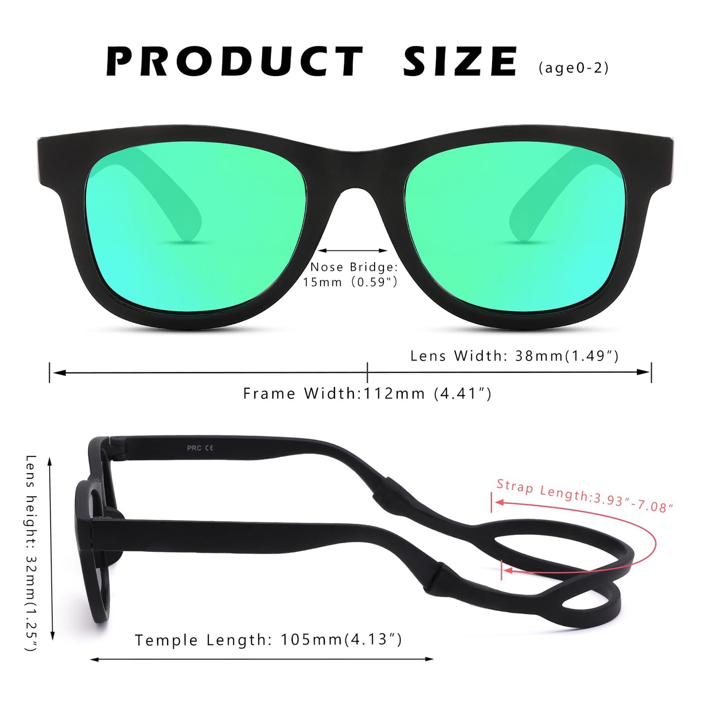 Hycredi Flexible Bendable Baby Polarized Sunglasses with Strap for Newborn Infant Boys Girls Age 0-18 Months-Matte Black/Grey+ Black/Green Mirror