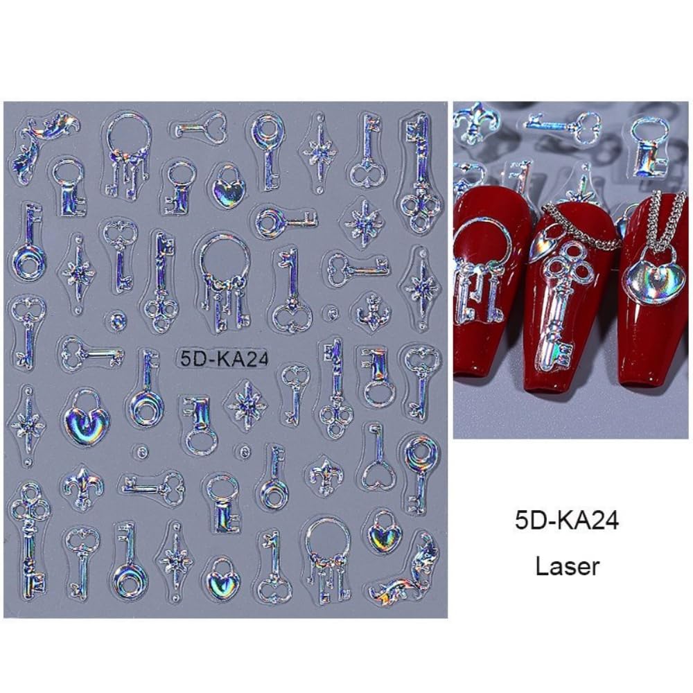 4 Sheets 5D Embossed Key Nail Stickers Silver Key Nail Designs Laser Hearts Lock Nails Supplies 3D Self-Adhesive Laser Keys Ring Rose Gold Lock Bone Nails Decals for Women DIY Manicure