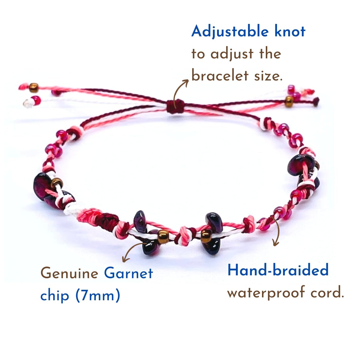 PusSoul Handmade Small Garnet Crystal Bracelet (6.5-7.5'') - Hand Braided, Natural Crystal, Adjustable, Waterproof, Chakra Beaded - Valentine Gifts for Women, Girlfriend & Couples from