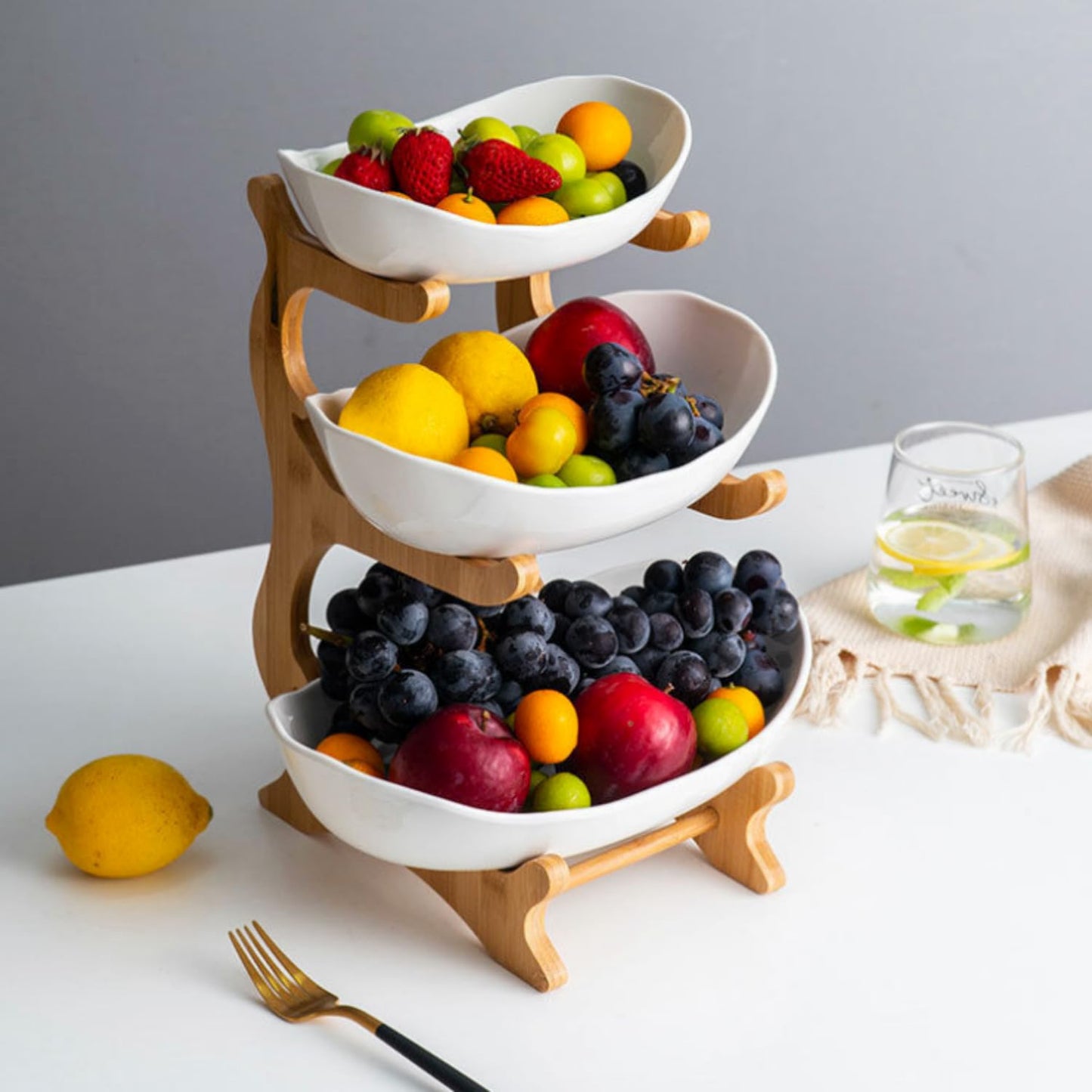 YWHWXB Multi-Layer Fruit Bowl with Natural Bamboo Rack,Plastic Wooden Frame Candy Plate,Large Capacity Snack Bowl Set,Bamboo Food Serving Tray for Kitchen Counter (White, Triple Layer)