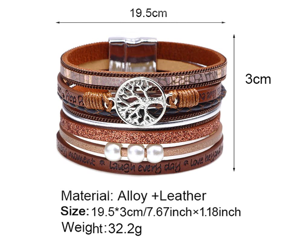 Fesciory Leopard Bracelet for Women, Boho Leather Wrap Multi-Layer Pearl Crystal Bracelet Bangle Jewelry(Tree of Life(Brown))