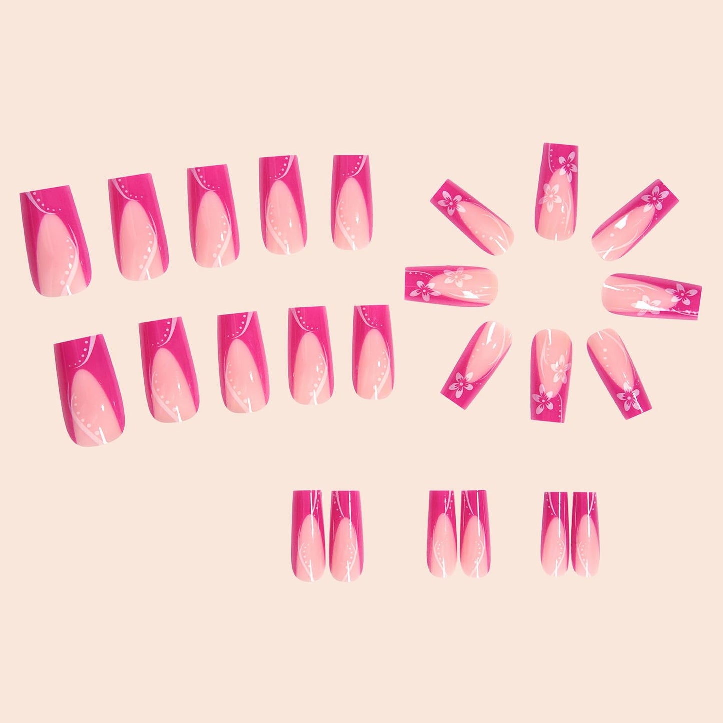 MISUD Press on Nails - Long Square Glue on Nails with Hot Pink, Acrylic Summer Flower Design 24 pcs