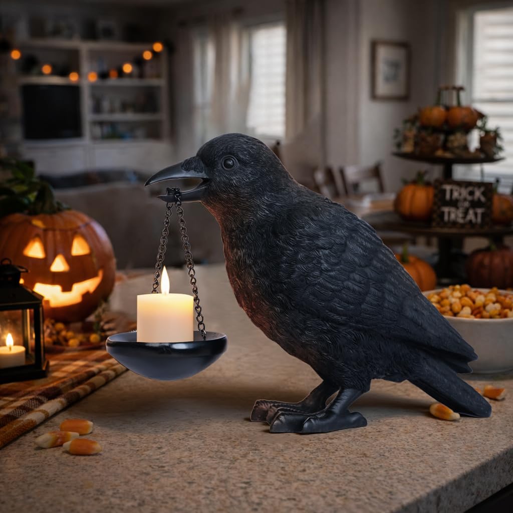Gothic Crow Lamp with Tealight Candle Holder Raven Statue Halloween Decor Black Bird Decorations Indoor Gothic Home Decor for Living Room Tabletop Shelf Bedroom Unique Goth Witchy Gifts