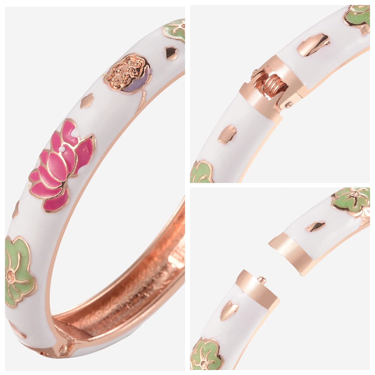 UJOY Flowers Bracelet Multi-Colors Cloisonne Wedding Jewelry Gift Women Enameled Bangles Opening Hinged 55A35 White