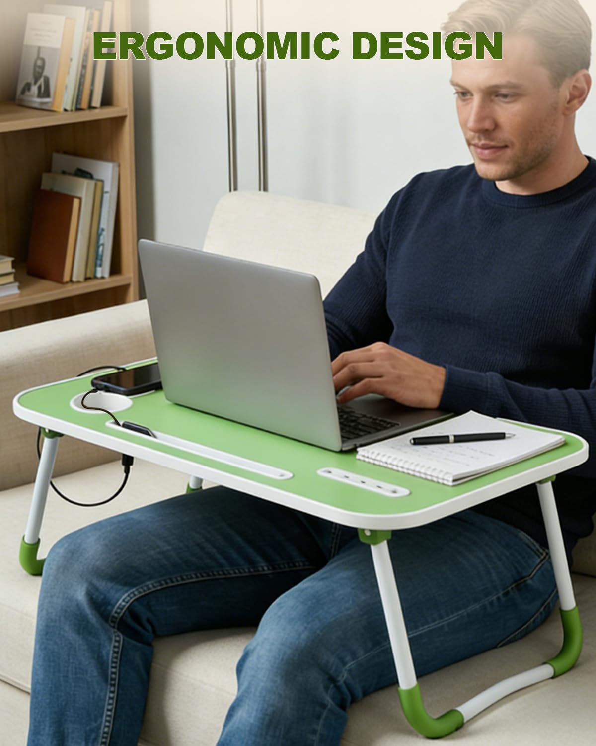 Foldable Laptop Bed Desk with Cup Holder and Fan Slot, Portable Lap Table for Work and Study, 23x15.5x9.65 Inches (Green)