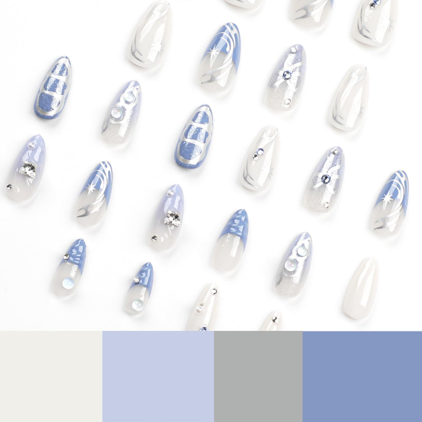 Blue Press on Nails Medium Almond Fake Nails Press ons with Designs Rhinestone Bow False Nails Glossy Full Cover Stick on Nails Charms Cute Acrylic Glue on Nails for Women Manicure 24Pcs