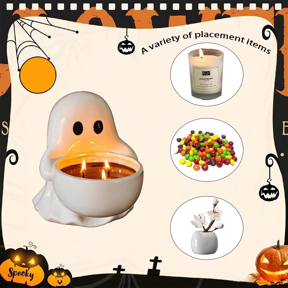 FACIOWN Halloween Ghost Candlestick, Ceramic Tea Light Holder for Scented Candles, Doubles As Candy Dish, Cute Halloween Party Decor.