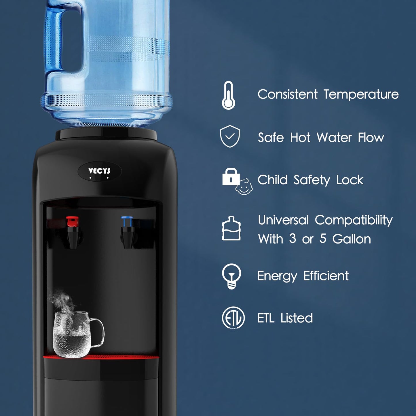 VECYS Hot and Cold Water Cooler Dispenser 3 or 5 Gallon with Child Safety Lock, Built-in Refrigerating Compressor and 304 Stainless Steel Reservior