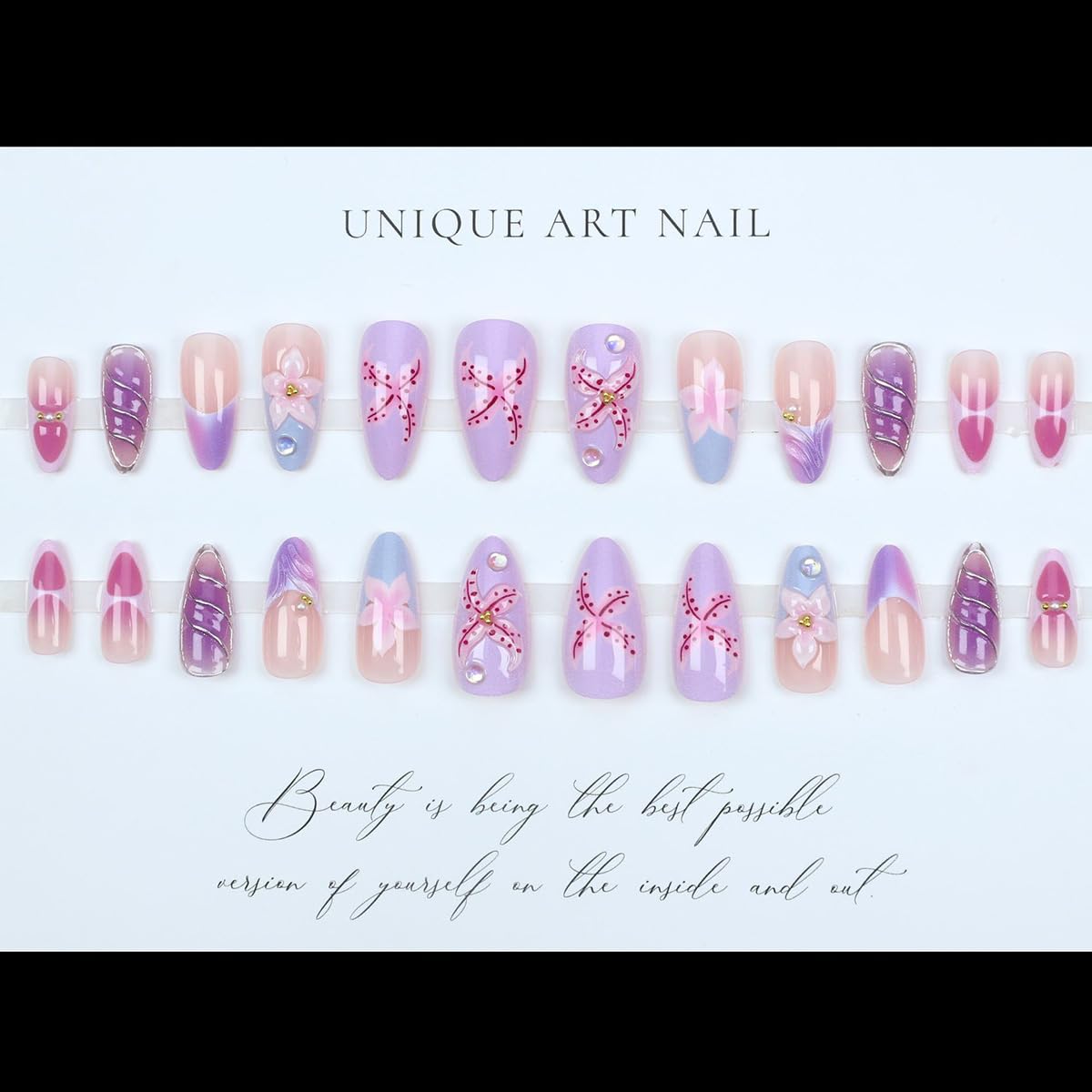 3D Almond Press on Nails Medium Fake Nails Glossy Purple False Nails with Flower Pearl Design Acrylic Glue on Nails Full Cover Stick on Nails Summer Artificial Nails for Women Girls Manicure 24Pcs