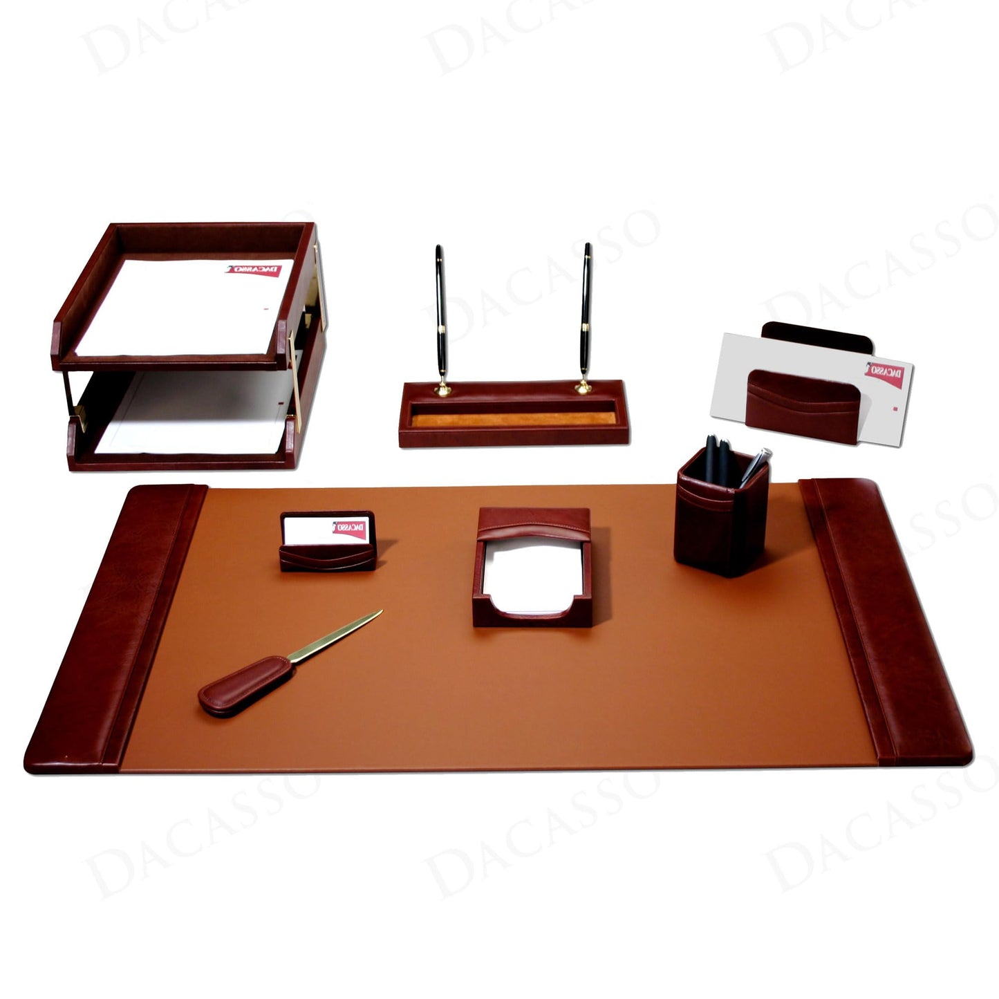 Dacasso Mocha Leather 10-Piece Desk Accessory Set - Organization Essentials & Executive Decor - Luxury Leather Blotter for Office Organization