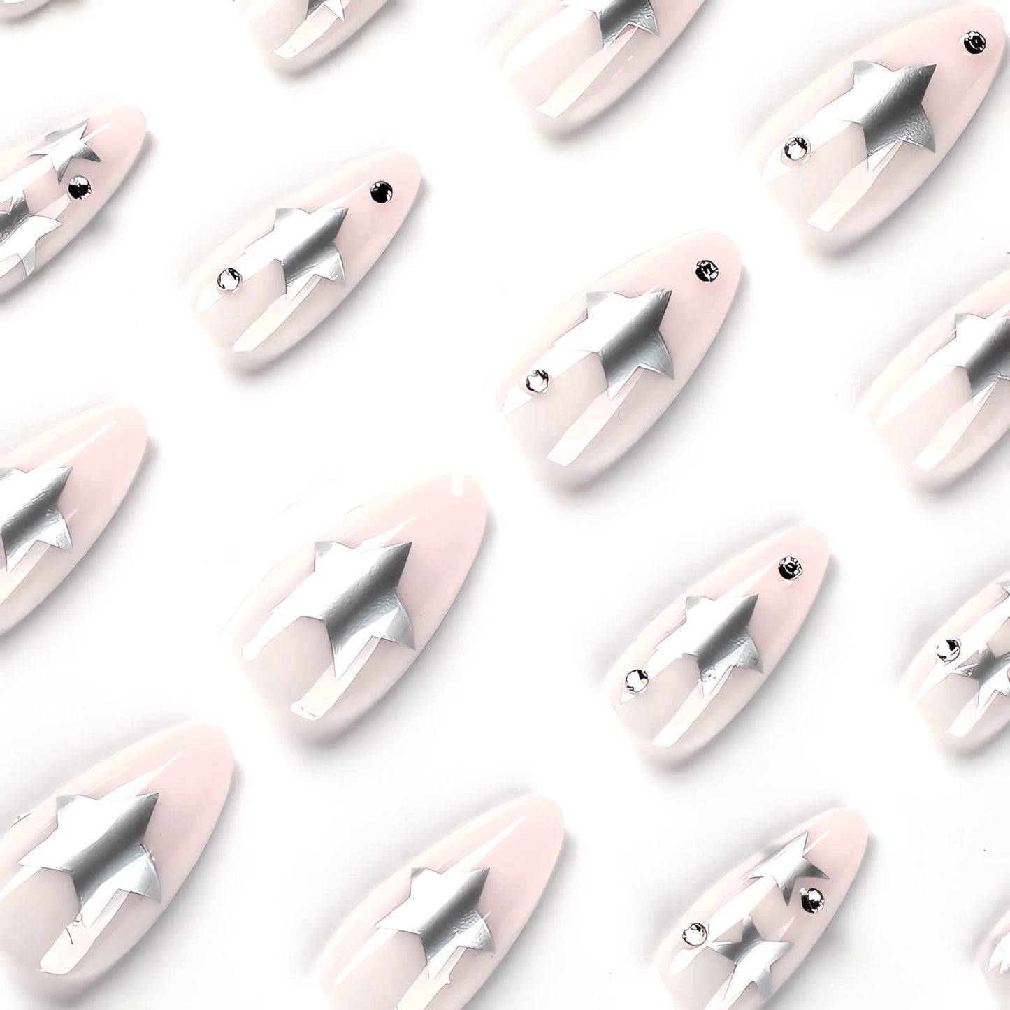 IMSOHOT Medium Almond Stiletto Press on Nails, Nude Silver Star Glossy Acrylic Nails for Women, 24PCS