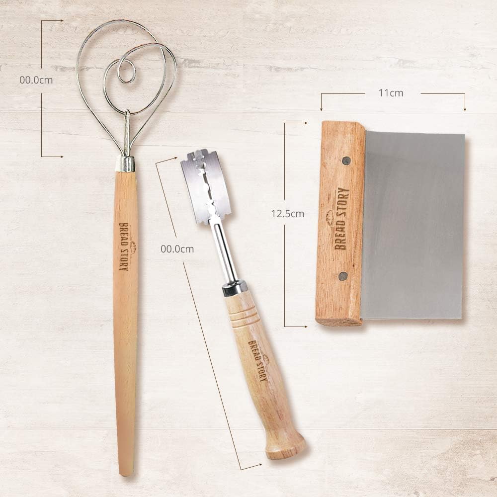 Danish Dough Whisk Set – Wooden Scraper & Lame Scoring Tool | Sourdough Whisk & Mixing Tool Kit | Bread Utensils for Homemade Bread, Pizza, Pastry | Stainless Steel & Wood