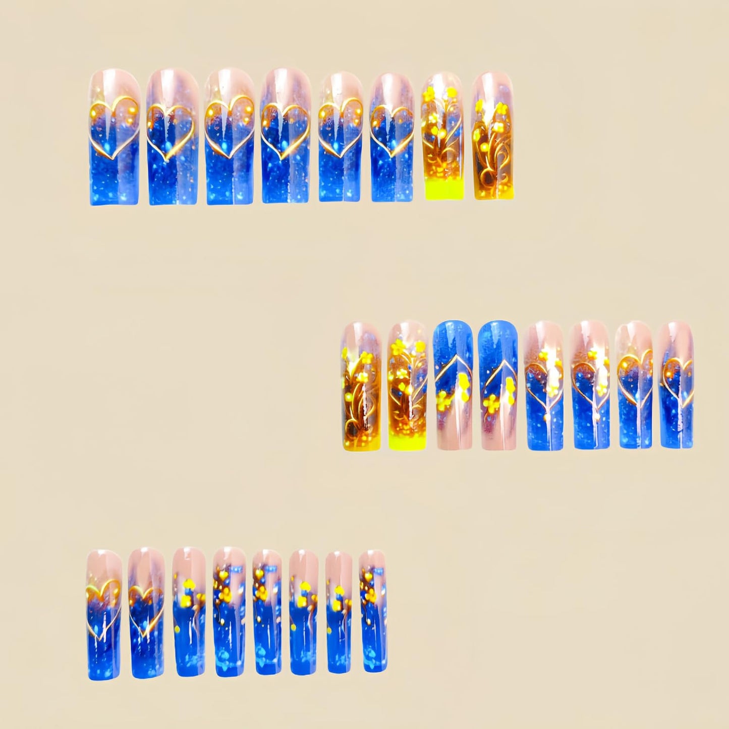 Gold Love Heart Acrylic Nails Blue Gradient Valentine's Press on Nails Square Golden Flowers and Heart Pattern Design Valentine's Nails Artificial Coffin Nails Glossy Glue on Nails for Women