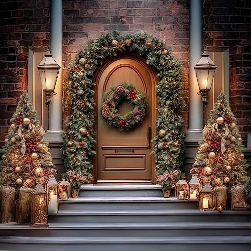 Kate 10×10ft Christmas Backdrop Photography Xmas Empty Room Brown Door Christmas Tree Wreath Decoration Background Studio Props for Family Gathering Photo Video