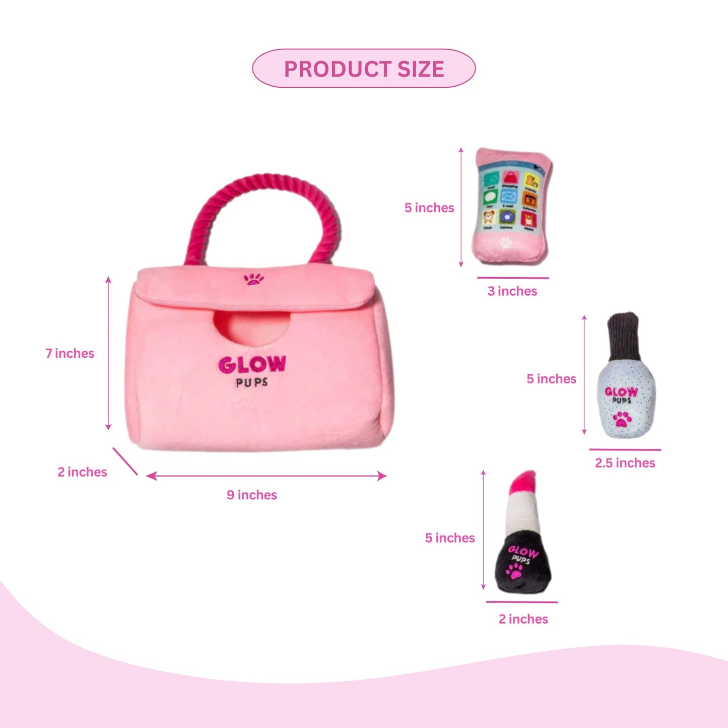 Glow Pups "Fashion Forward Walking Bundle: Pink Designer-Style Plush Purse Dog Toy Set (Includes Paw-Phone, Lipstick, Nail Polish) + Matching Light Pink Hands-Free Rope Dog Leash (5-Piece Set)