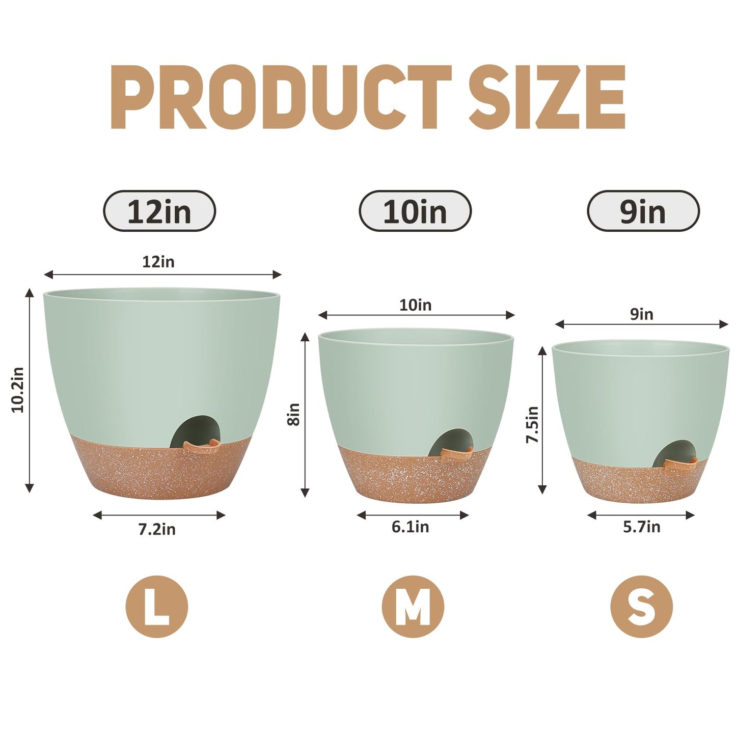 YNNICO 12" 10" 9" Large Self Watering Plant Pots, 3 Pack Flower Pots Planters with Multi Mesh Drainage Holes for Indoor Outdoor Garden Plants and Flowers.