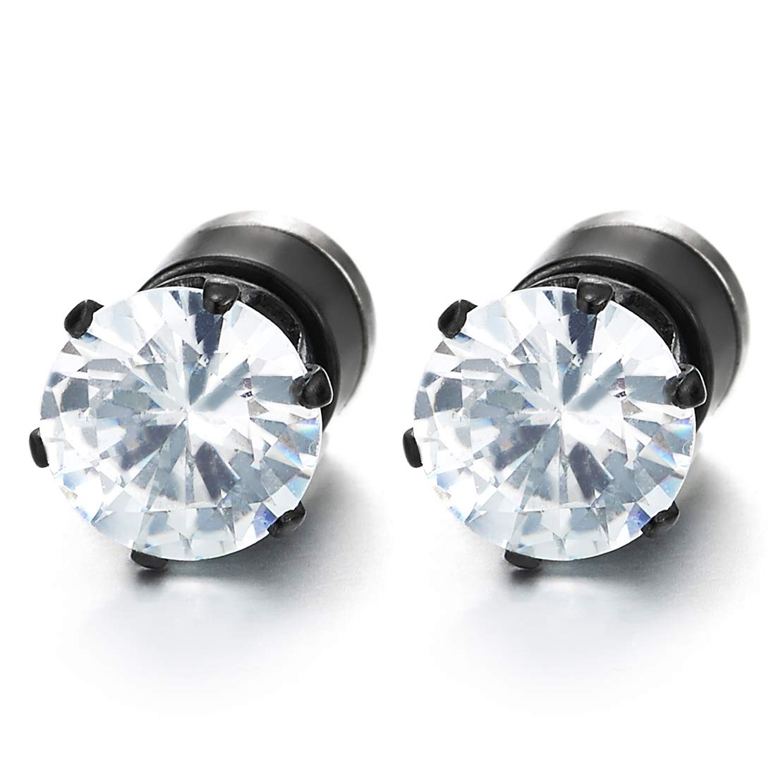 Mens Womens Magnetic Cubic Zirconia Black Stud Earrings, Steel, Non-Piercing Clip On Cheater Fake Ear