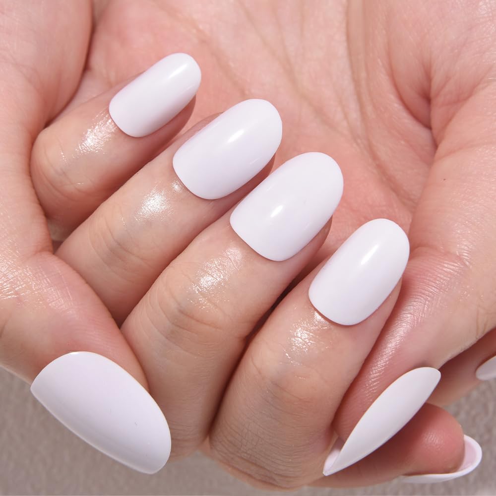 evpct White Glossy Press on Nails Oval Medium for Women Gift, Medium Oval White Fake Nail with Nail Kit Manicure Kit, Soft Gel Full Cover Reusable Stick on Soft Acrylic False Nails Perfectly Fit