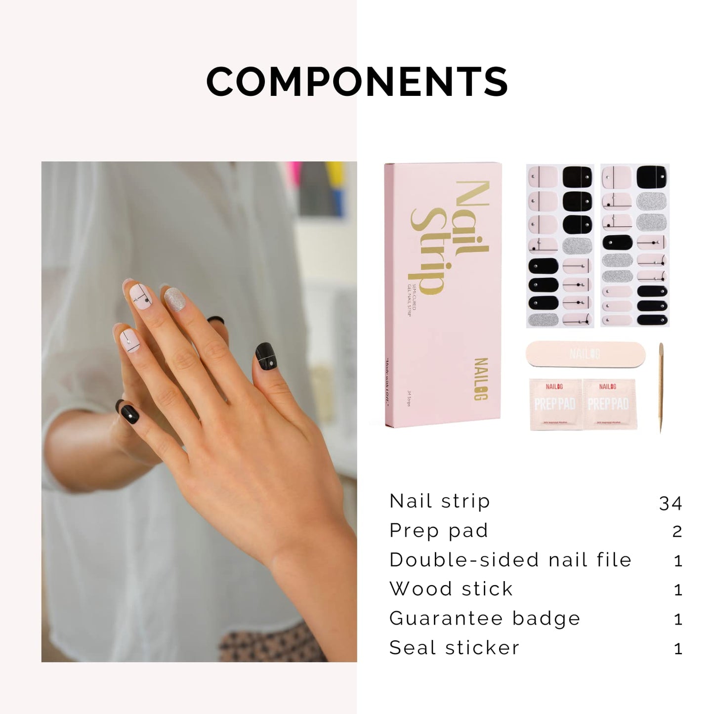 NAILOG Semi Cured Gel Nail Strips 34 pcs, Buy 2 Get 1 UV Lamp, Salon-Quality French Nail Strips with Soft Gel Finish| Timeless Strings