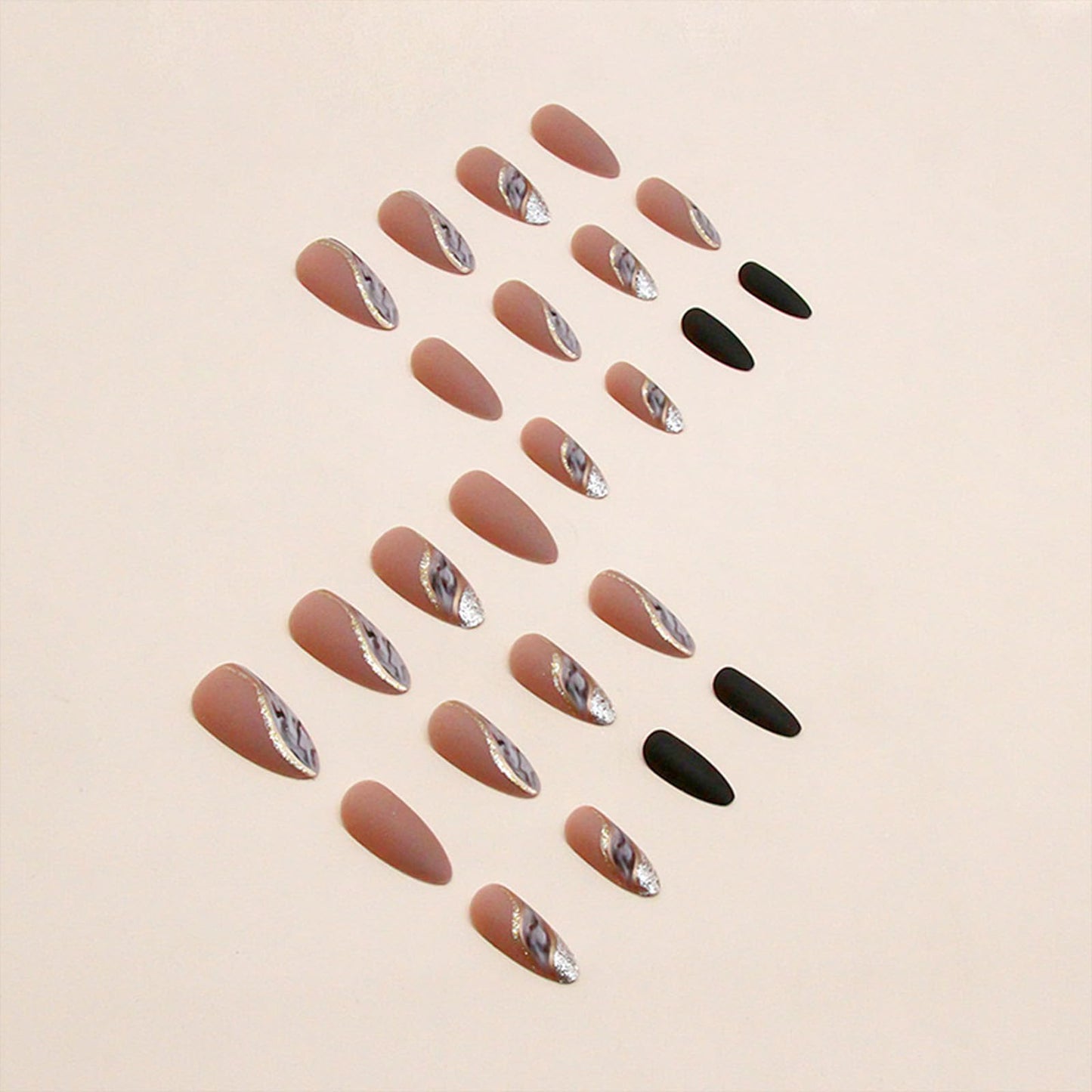 Almond Press on Nails Medium Fake Nails Nude False Nails with Designs Gold Glitter Line Glue on Nail Marble Full Cover Acrylic Nails Brown Matte Stick on Nail for Women 24 Pcs