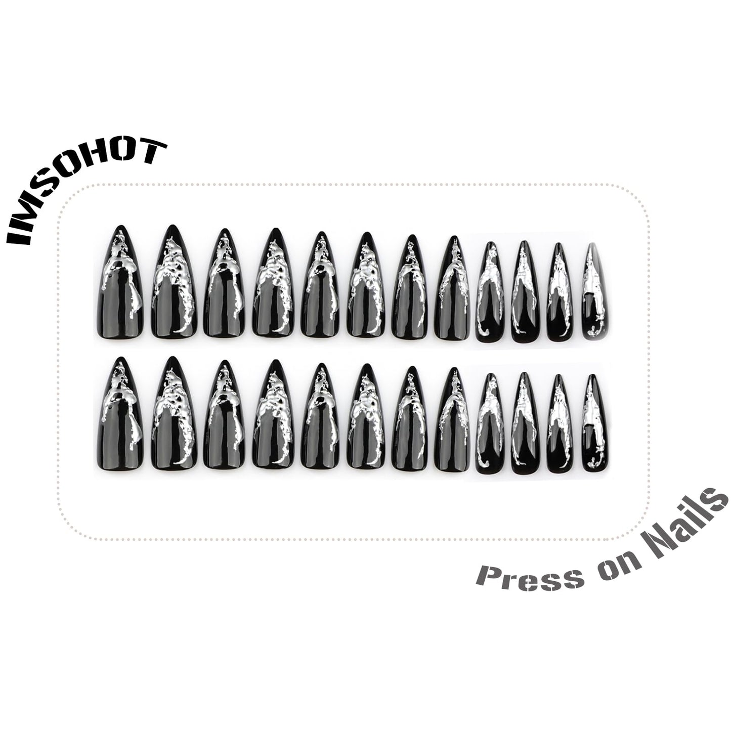 IMSOHOT Press on Nails – 3D Silver Edge, Long Stiletto Fake Nails Black Ombre Glossy Full Cover Reusable Acrylic Glue on Nails Y2K Goth Gel False Nails