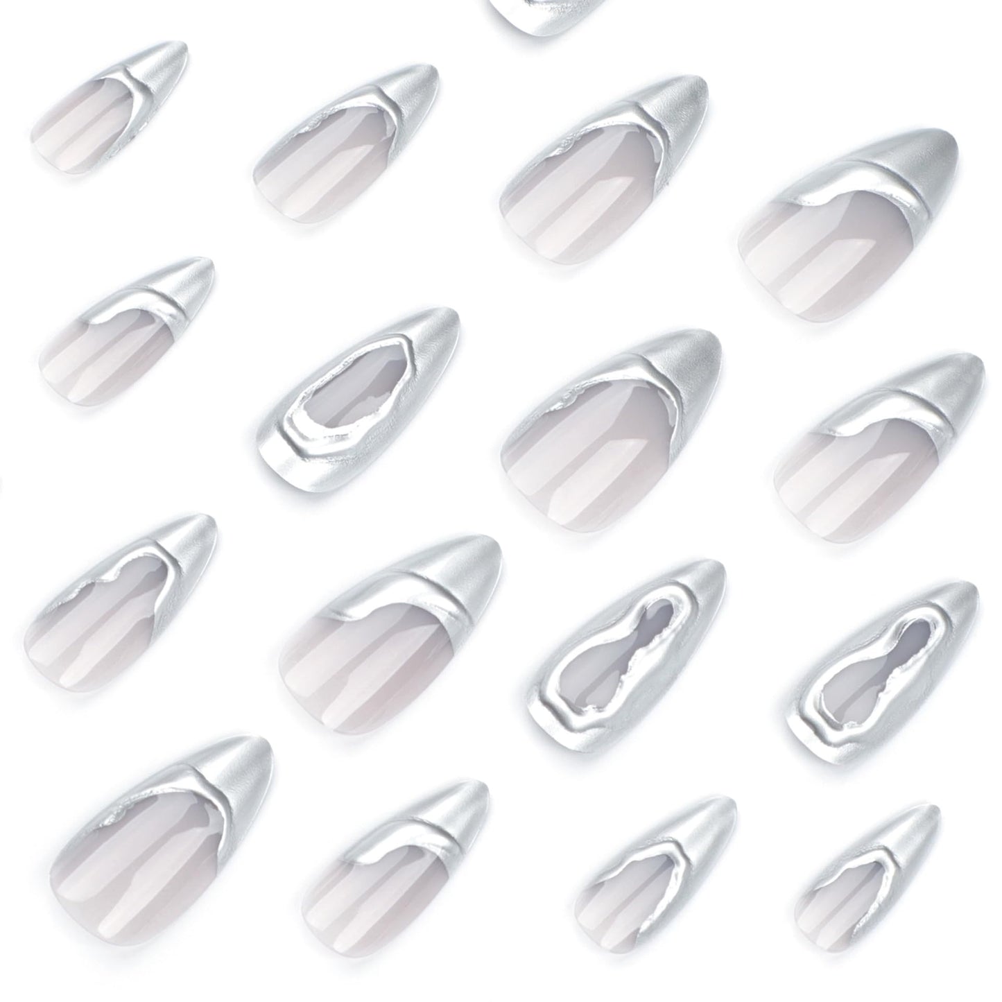 IMRAIN Silver Press on Nails Medium Almond Fake Nails 3D French Tips False Nails Full Cover Glossy Glue on Nails for Women Girl 24Pcs