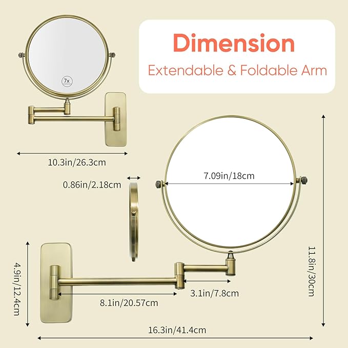GURUN 8-Inch Double-Sided Wall Mount Makeup Mirror Antique Satin Brass with 7X Magnification Bathroom Mirror for Hotel Antique Satin Brass M1406K(8in,7X)