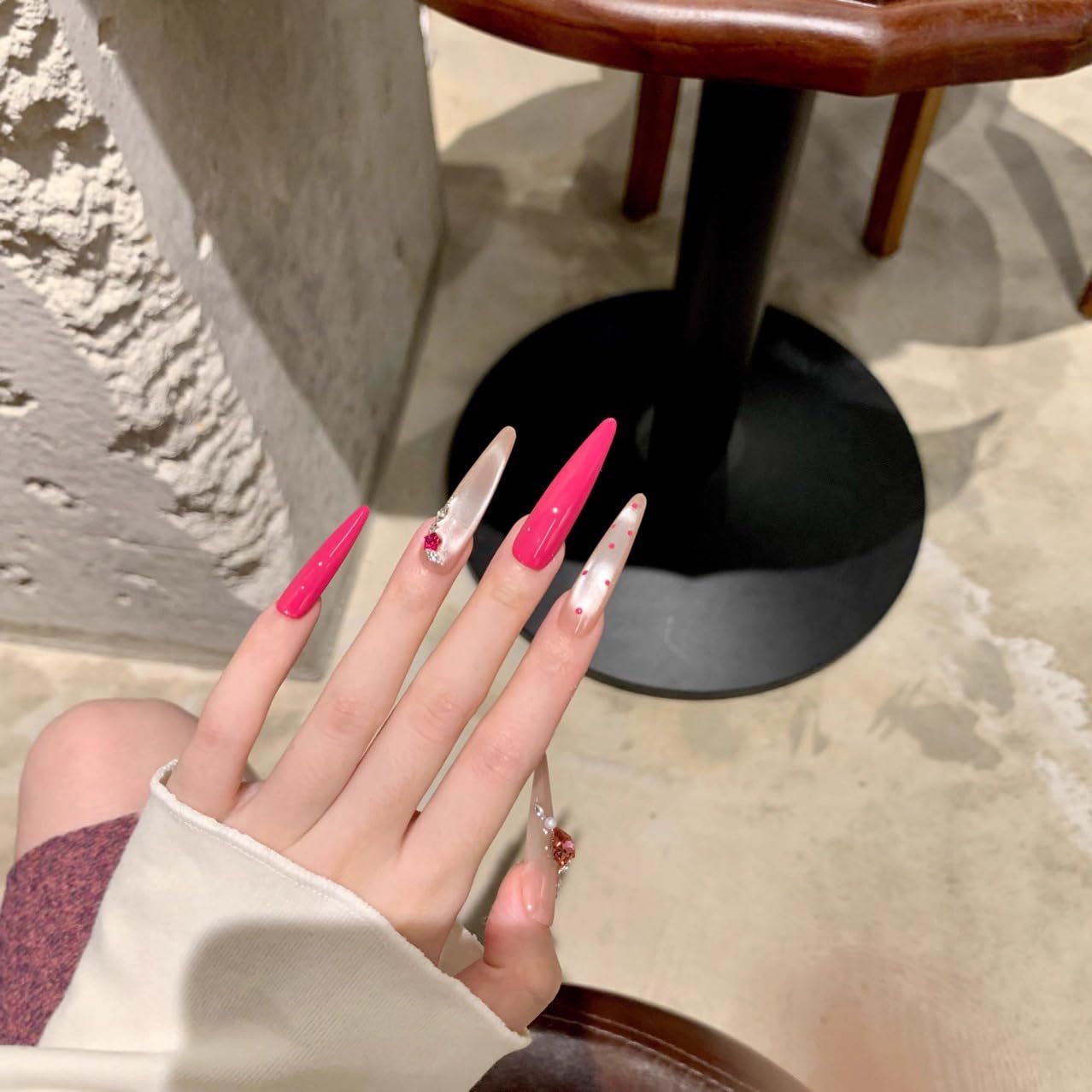 Glam Silver Coral Press On Nails, Heart Rhinestone Embellished Extra Long Stiletto Fake Nails, Reusable Manicure Set (L)