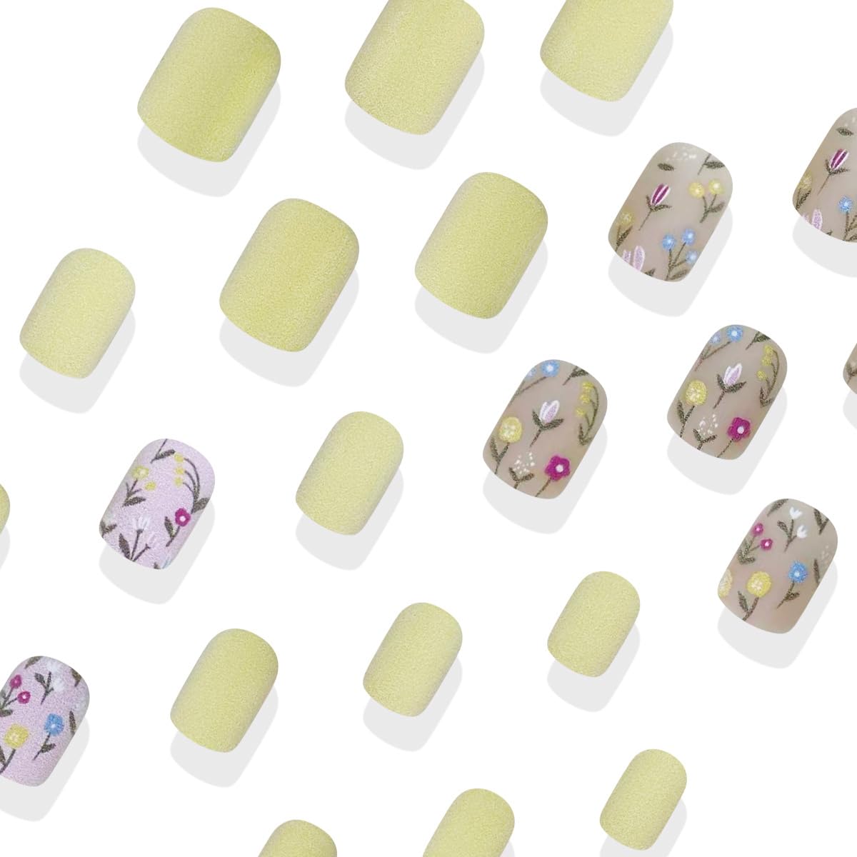 Yellow Press on Nails Short Square Fake Nails Spring Summer Nails Press ons with Wild Flower Design Full Cover Stick on Nails for Women Manicure,Matte | Reusable | Easy Apply | 24Pcs