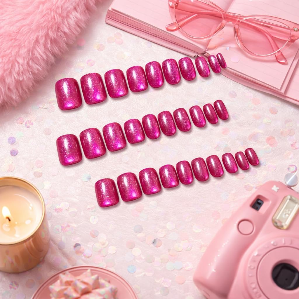 KQueenest Cat Eye Press on Nails Short, 30 Pcs Acrylic Press on Nails Square, Glass Hot Pink Fake Nails Press on Short, Chrome Design, Bright Vibrant Reusable Soft Gel Glue on Nails for Women Gift