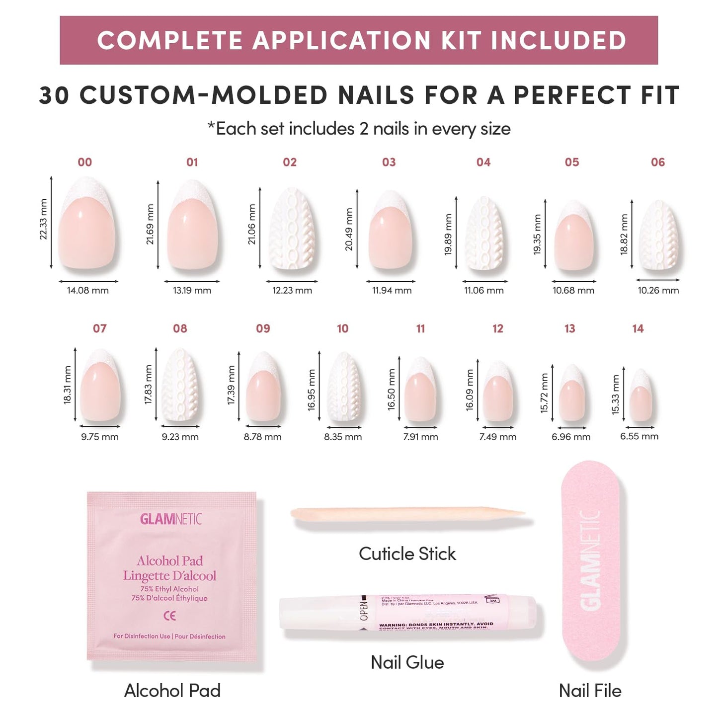 Glamnetic Press-On Nails Bundle - Sweater Weather, Fall Mauve & Goal Digger | Short Almond Fake Nails with White Glitter French Tips & 3D Designs | Muted Blush Mauve Short Oval False Nails | Glossy, S