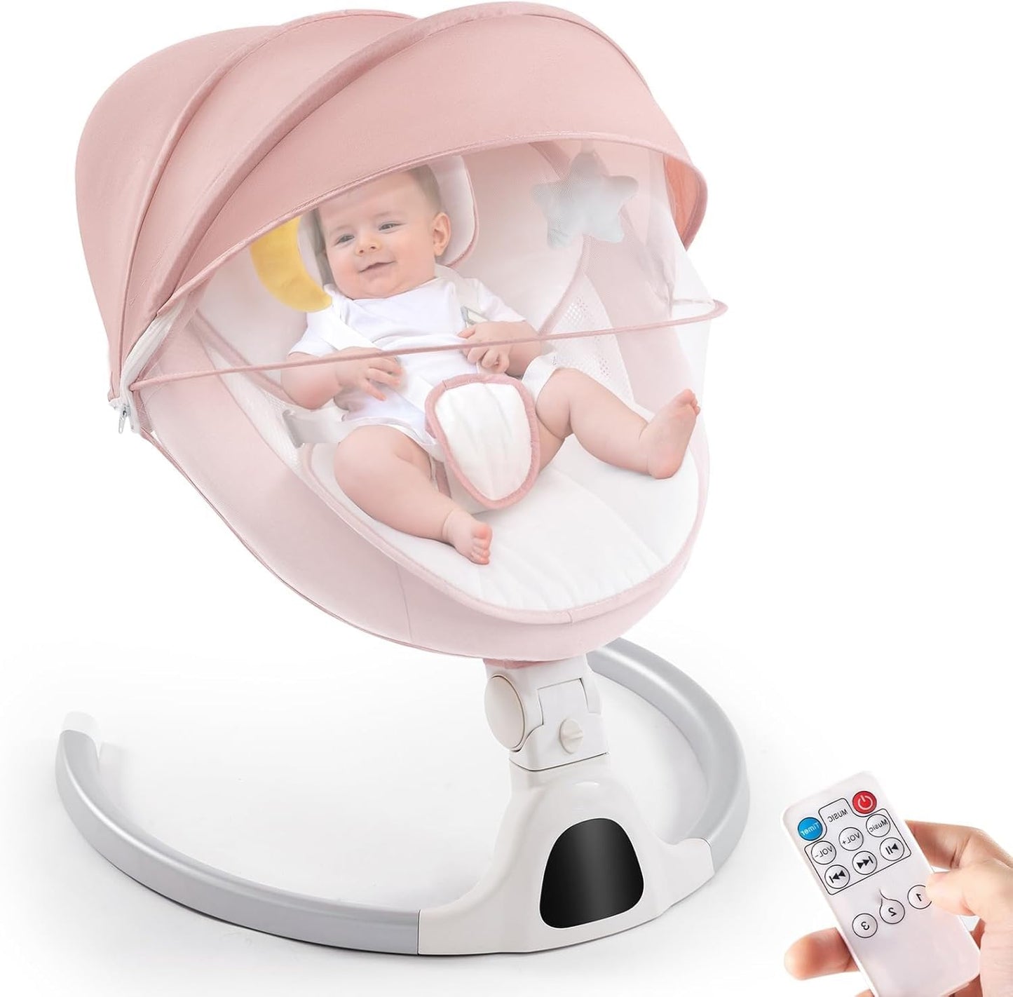 Baby Swing for Infants,Comfort Cradling Baby Rocker Portable Newborn Swing with Music/Remote Control/Timing Function,Pink