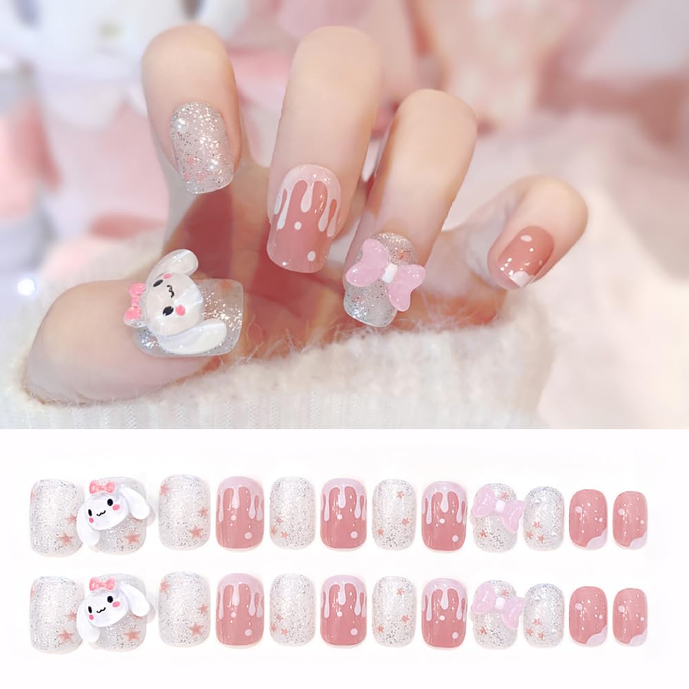 Cute Press on Nails Medium Square Cartoon Fake Nails with Gems Charms Cute Acrylic Nails Supply Cartoon Aarylic Nails for Women 24pcs