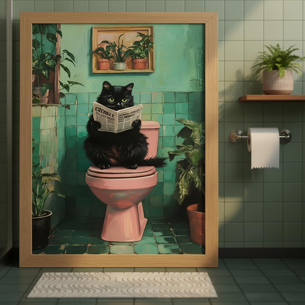 Funny Bathroom Wall Art Black Cat on Toilet Reading Newspaper, Humorous Cat Bathroom Decor Canvas Print, Quirky Animal Restroom Wall Decor Framed Artwork for Bathroom Home 8x10 Inch