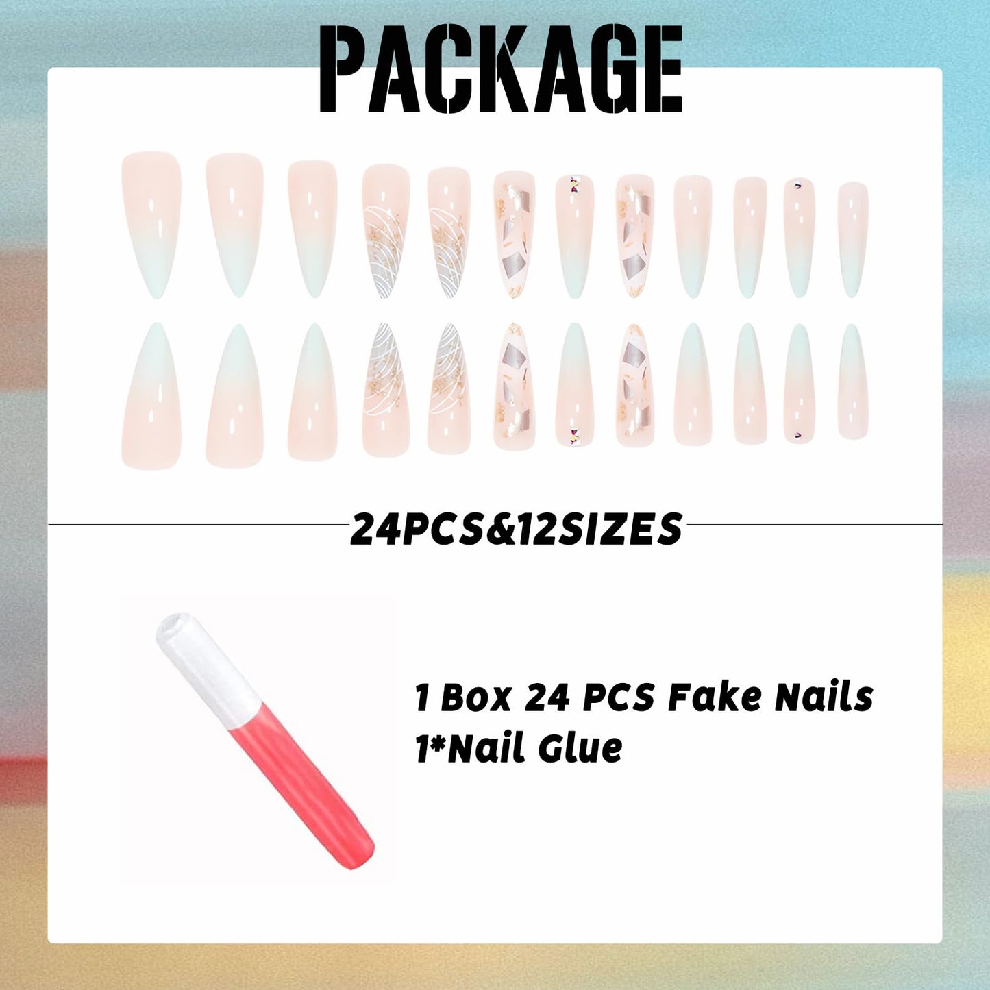 IMSOHOT Long Length Press on Nails Stiletto Green Gradient Fake Nails Glitter Gold Foil Full Cover Glue on Nails Almond Acrylic Nude False Nails with Rhinestone Designs 24Pcs for Women