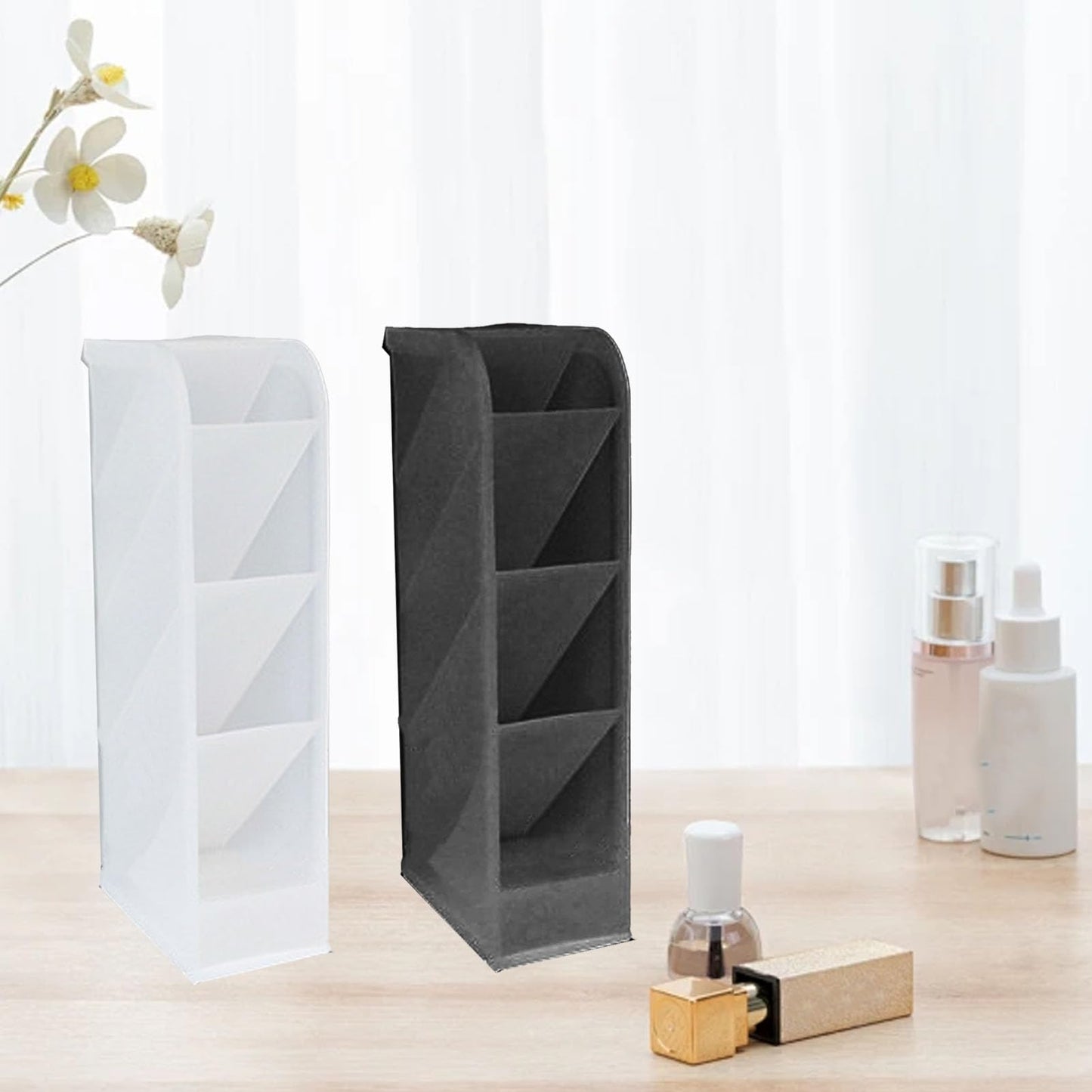 Tissting Pen Holder for Desk, 4 Compartment Pencil Organizer Tiered Vanity Countertop Makeup Brush Desktop Storage Rack, Plastic Angled Storage Organizer for Pen Makeup Brush(Transparent)