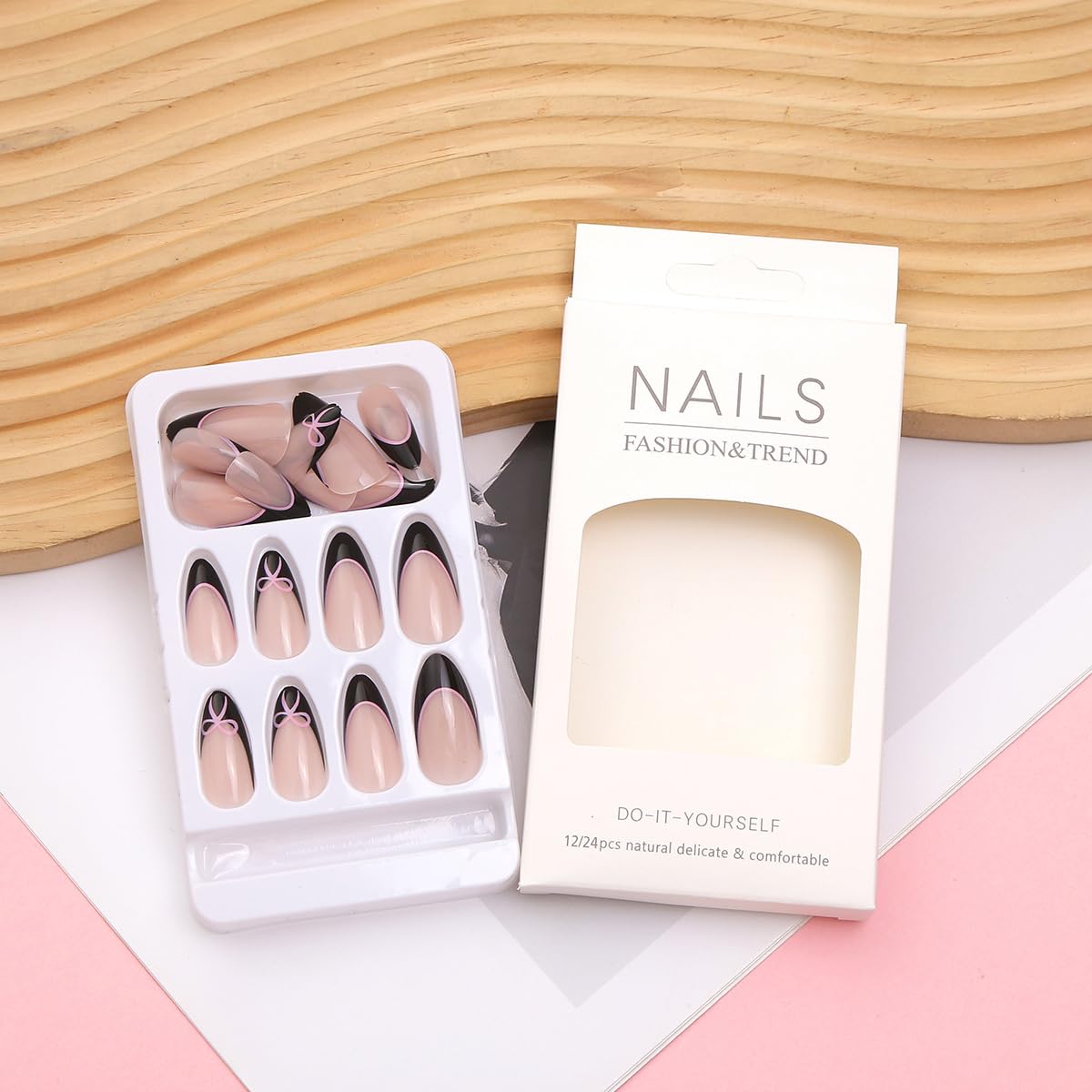 Medium Almond Press On Nails - Black French Tip with Bow Design, 24Pcs - Reusable, Easy Apply