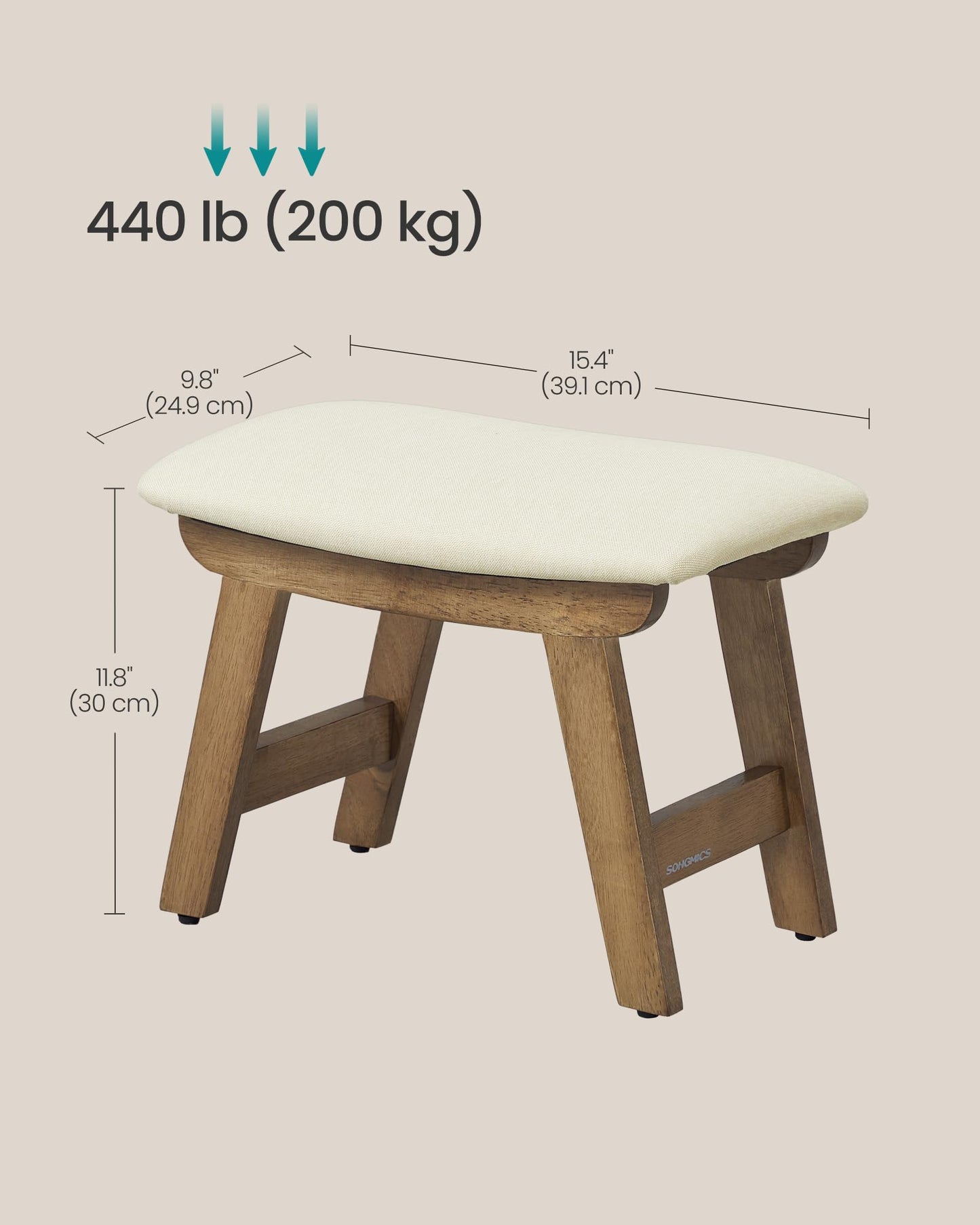 SONGMICS Foot Stool Ottoman, Padded Foot Rest Under Desk with Solid Wood Frame, Removable Cover, for Living Room, 9.8 x 15.4 x 11.8 Inches, Summer Sand and Brown ULSF052LF01