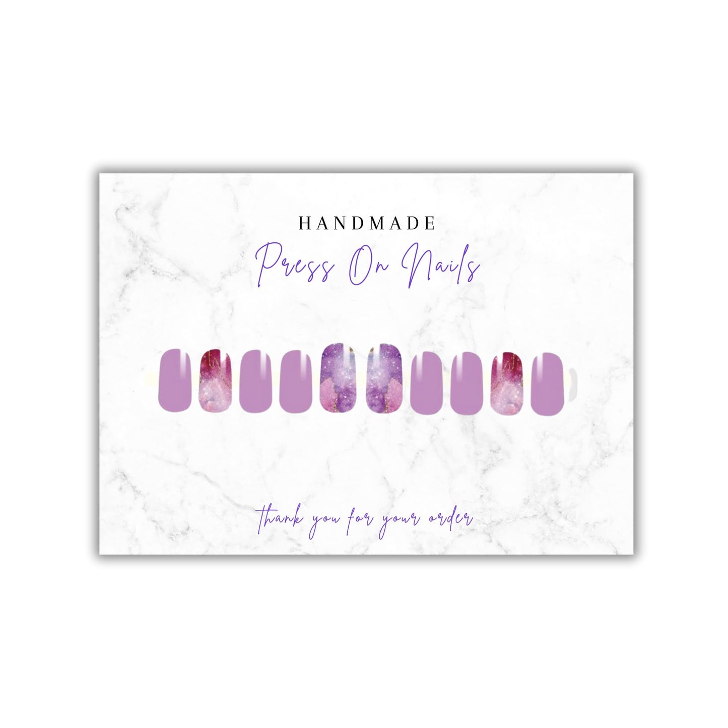 Handmade Acrylic Press On Nails Display Card | 5x7” 30 pk | w/Application Aftercare Instructions Inserts Marble for Packaging in Your 6 * 9 Holographic Bags Use With Double Sided Tape