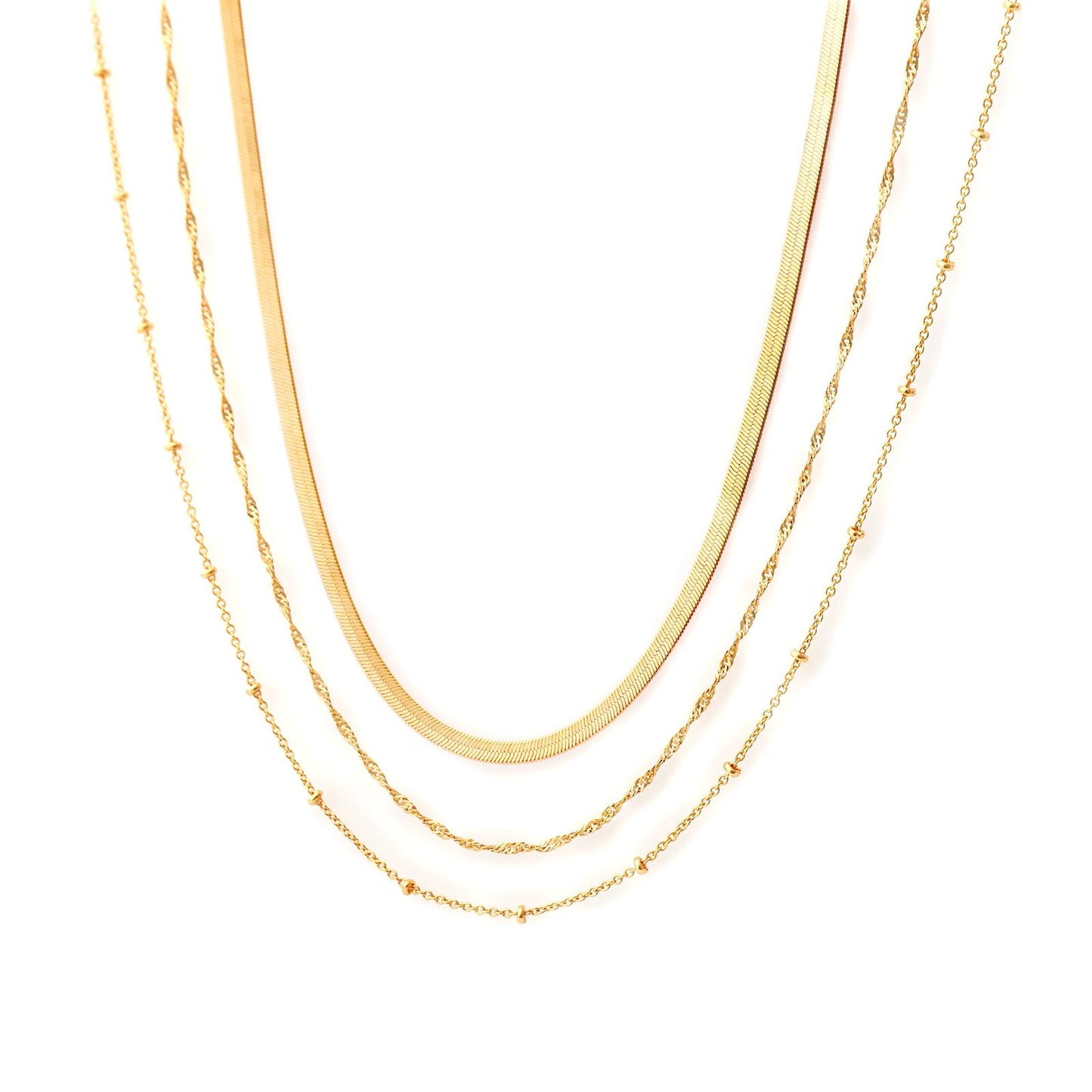 Layered Necklaces for Women, 18K Gold Plated Dainty Multi Layering Necklaces for Women Stackable Trendy Thin Satellite Chain Singapore Necklace Snake Chain Simple Herringbone Necklaces Non Tarnish