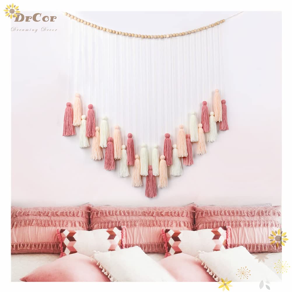 DrCor Blush Pink Boho Macrame Wall Hanging – Handmade Rose Gold Tassel Decor for Nursery, Dorm, Baby Shower, Wedding, Cozy Home or Classroom Display