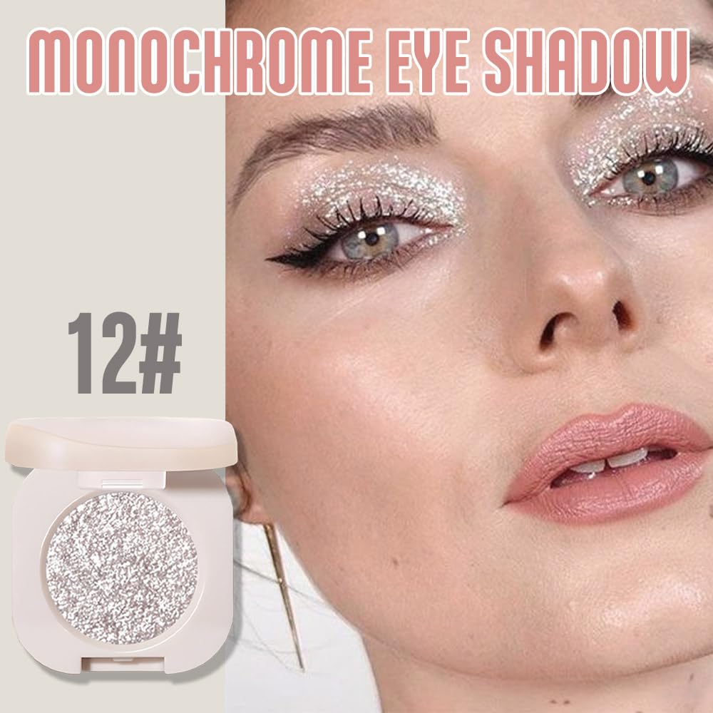 Glitter Eyeshadow Palette, Silver Shimmer Eyeshadow Makeup, Shiny Pressed Powder, Single Vegan Eye Shadow, Highly Pigmented Silver Eye shadow Makeup Palette,Monochrome Long Lasting Glitter Eyeshadow12