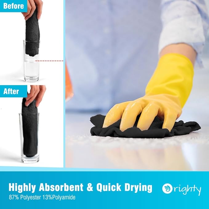 Orighty Black Microfiber Cleaning Cloth, 100 Pack Highly Absorbent Cleaning Supplies, Lint Free Kitchen Towels Cleaning Rags, Microfiber Towels for Cars, House, Window, 12x12 inch